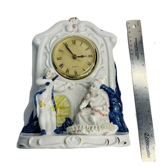 Vintage Colonial Couple Mantle Clock Porcelain Man w/ Violin Woman w/ Harp 10" - Picture 7 of 10
